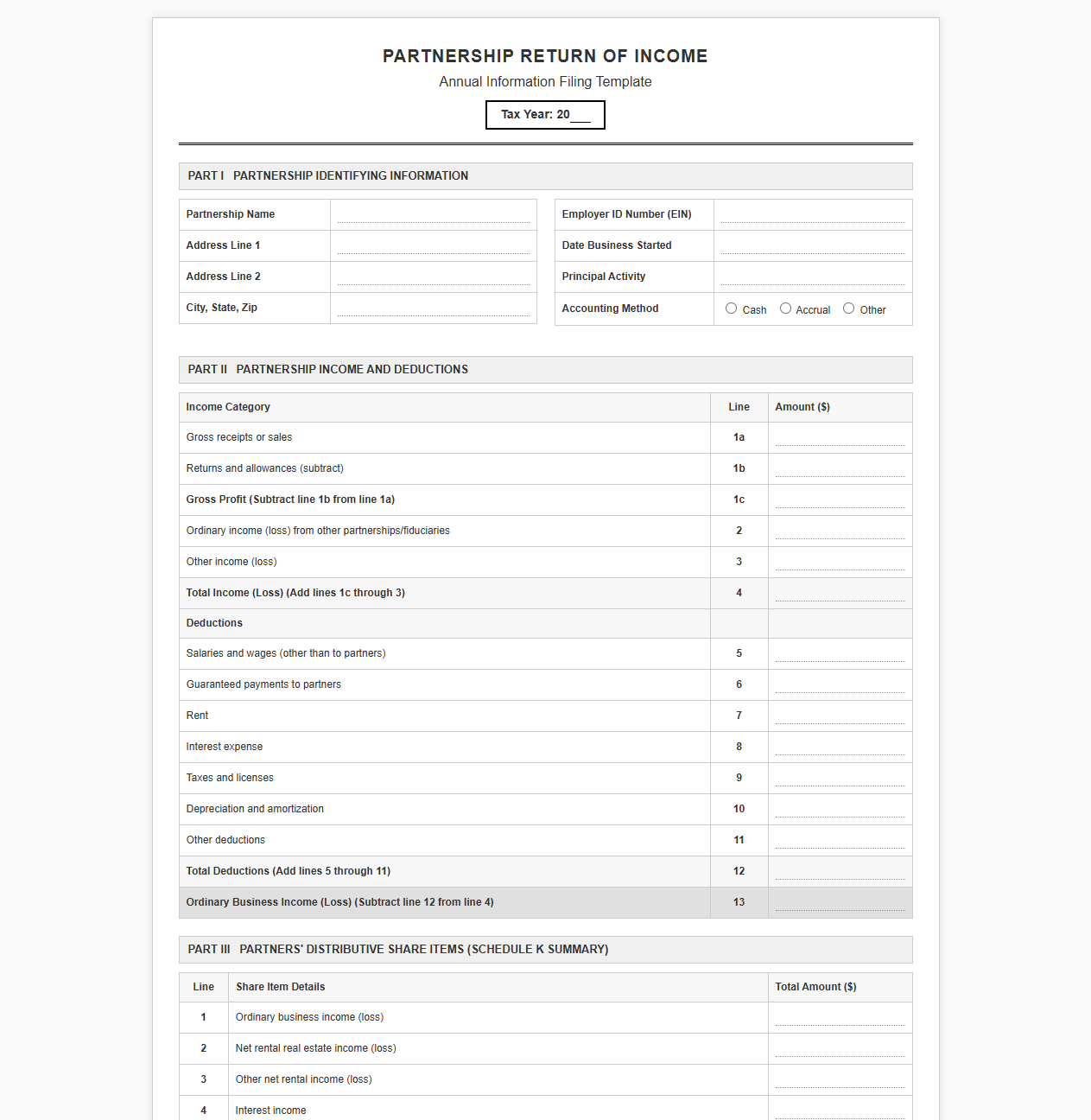 Partnership Tax Filing and Income Template