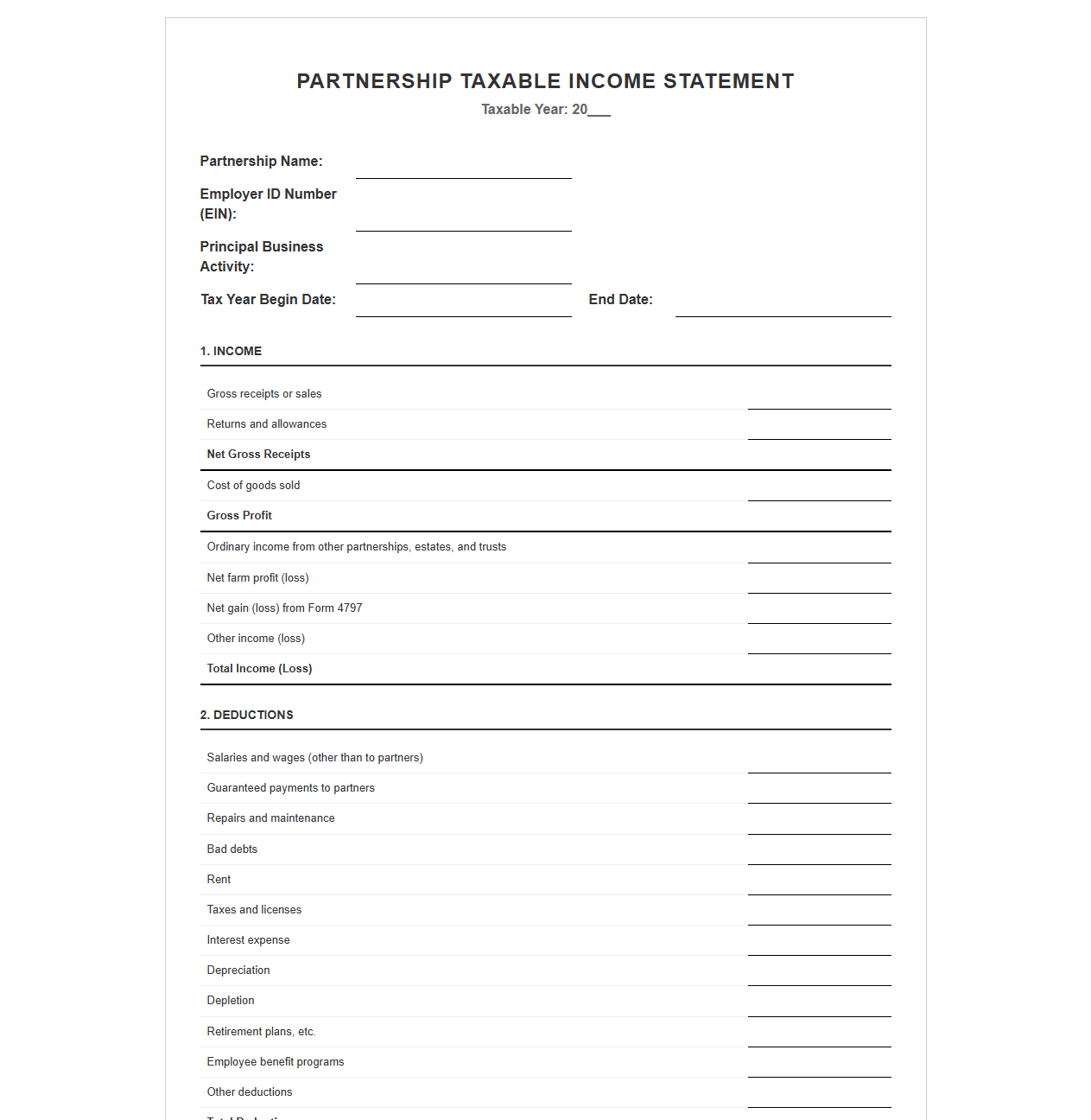 Partnership Taxable Income Statement Template