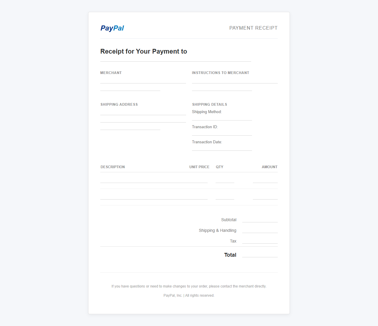 PayPal Order Confirmation Receipt Template