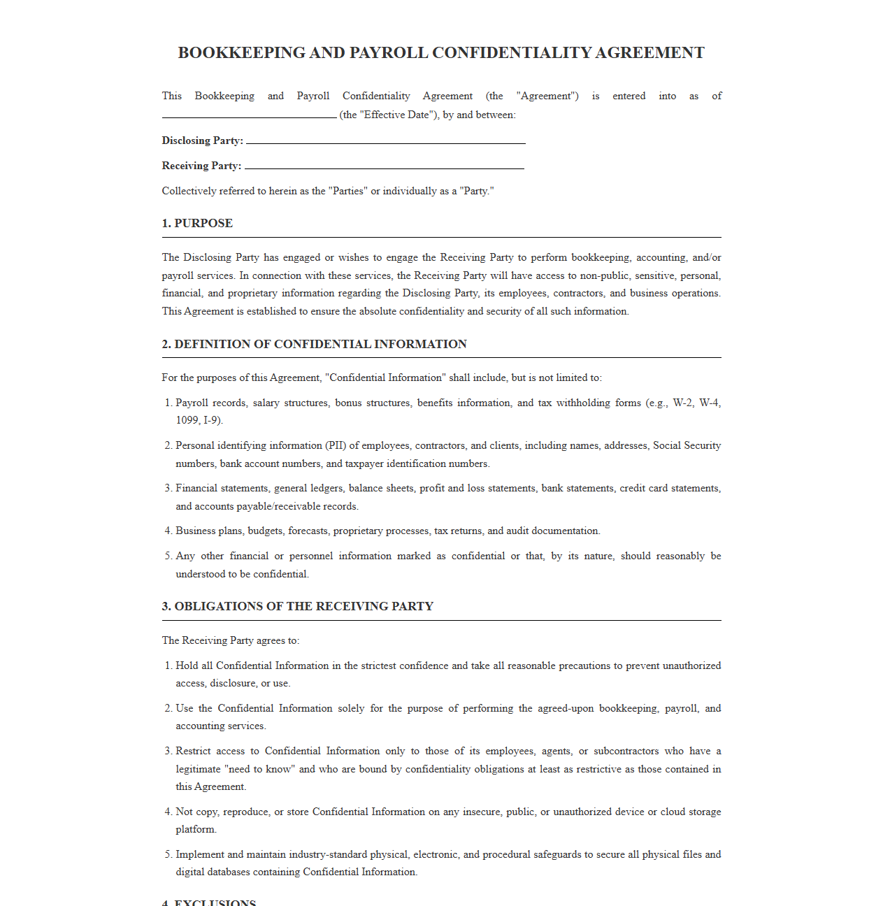 Payroll and Bookkeeping Confidentiality Agreement Template