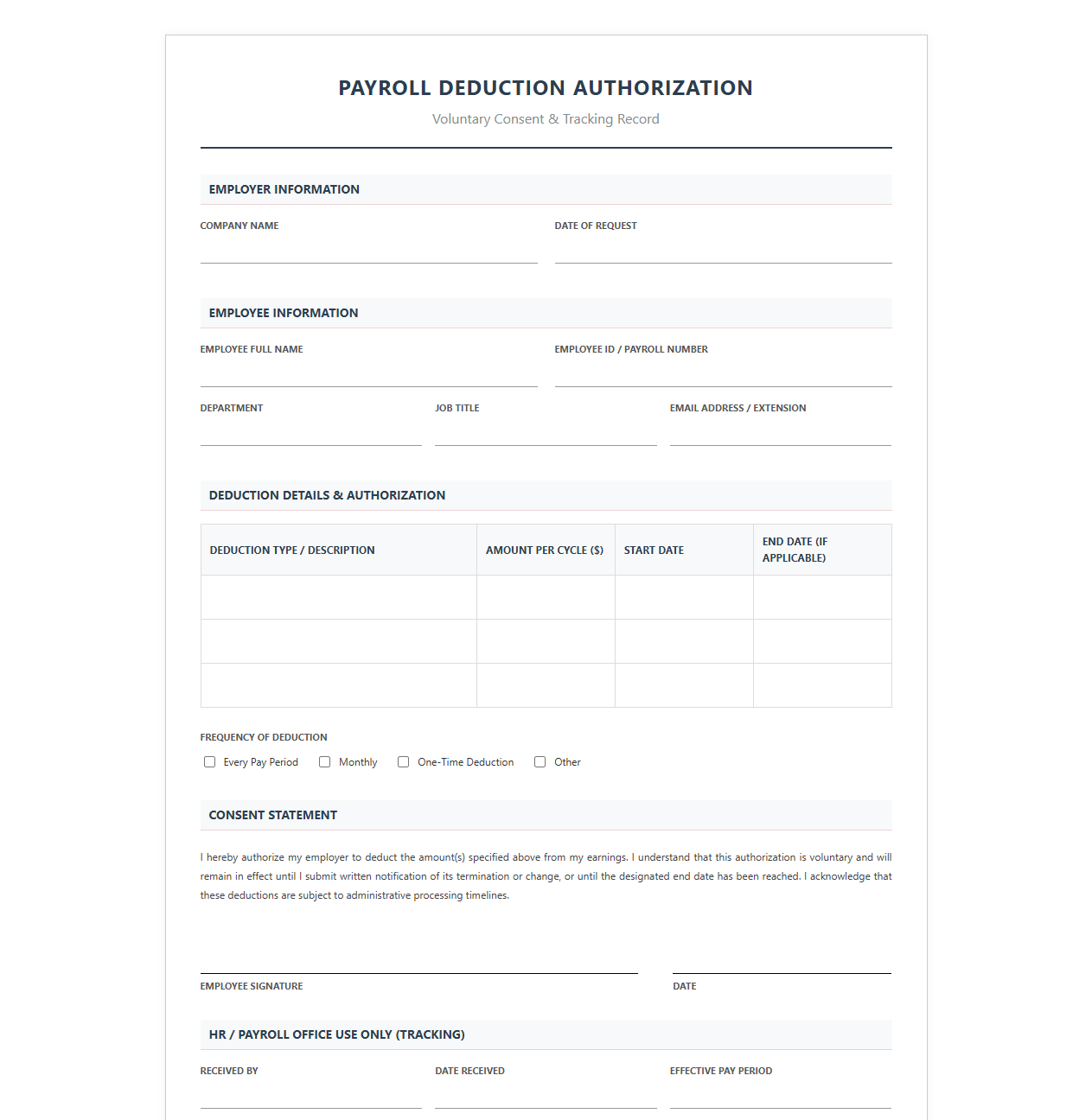 Payroll Deduction Consent and Tracking Sheet
