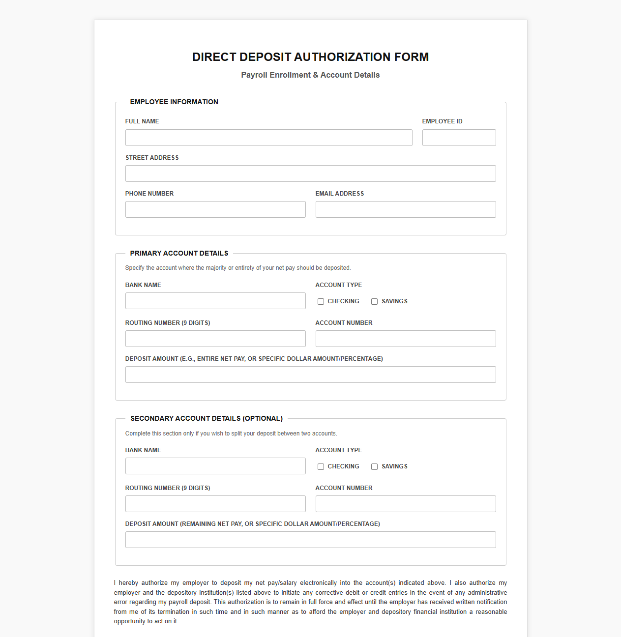 Payroll Direct Deposit Banking Details Template