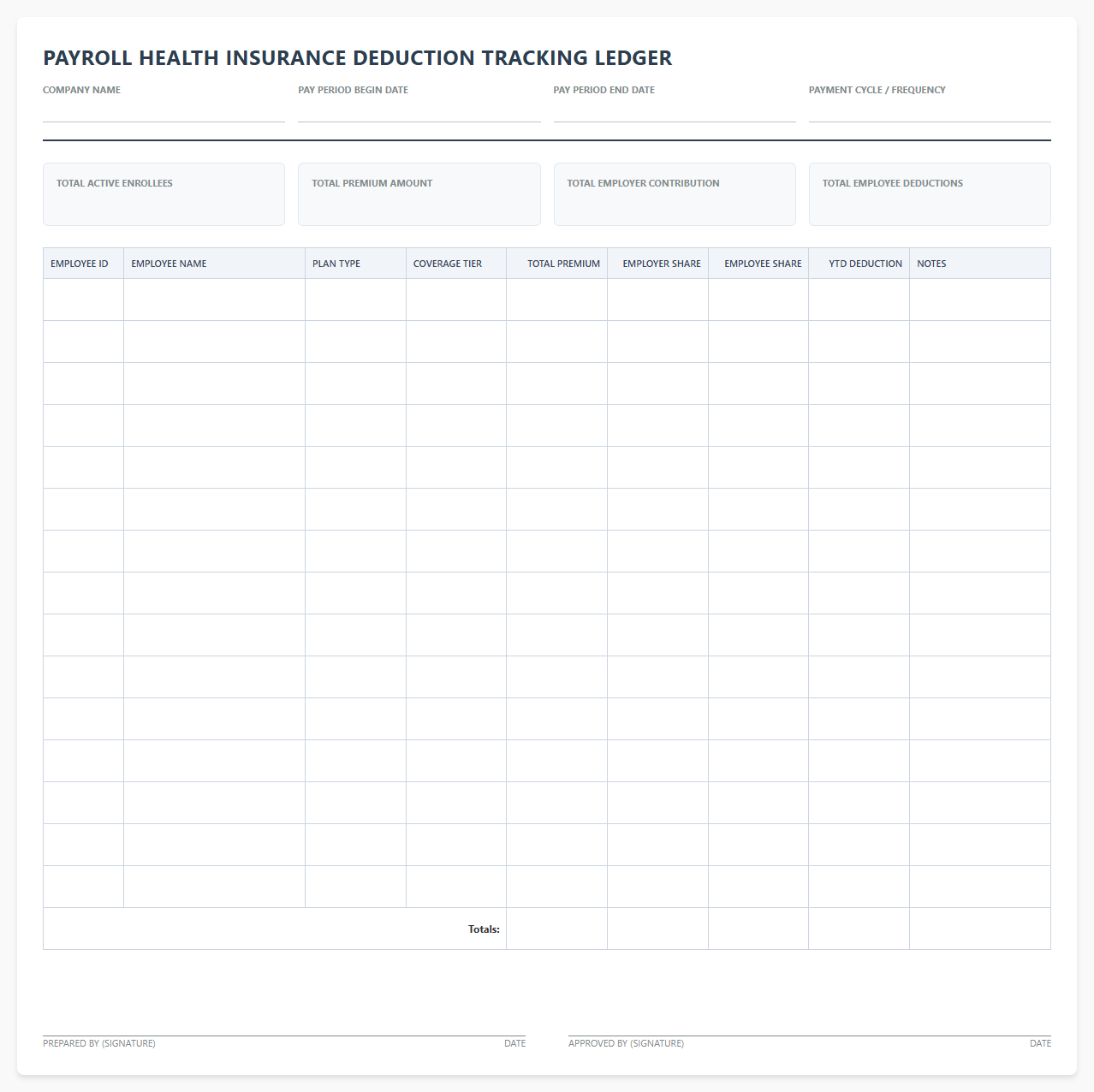 Payroll Health Insurance Deduction Tracking Ledger