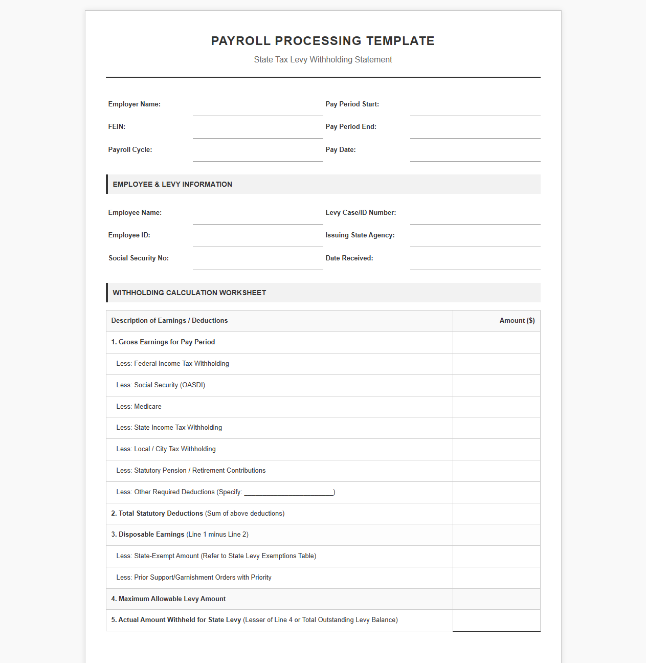 Payroll Processing Template for State Tax Levies