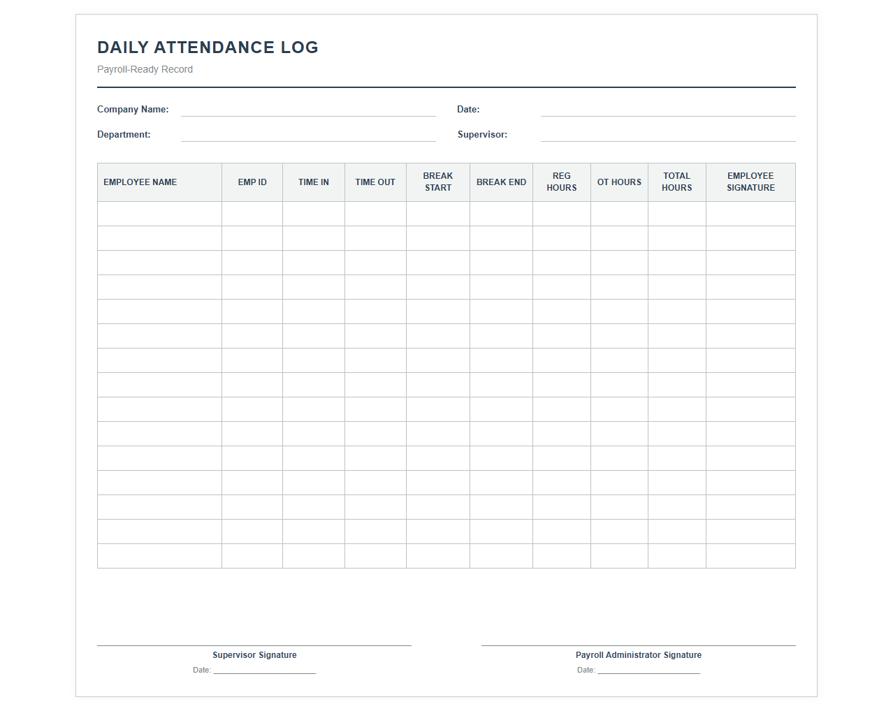 Payroll-Ready Daily Attendance Log Template