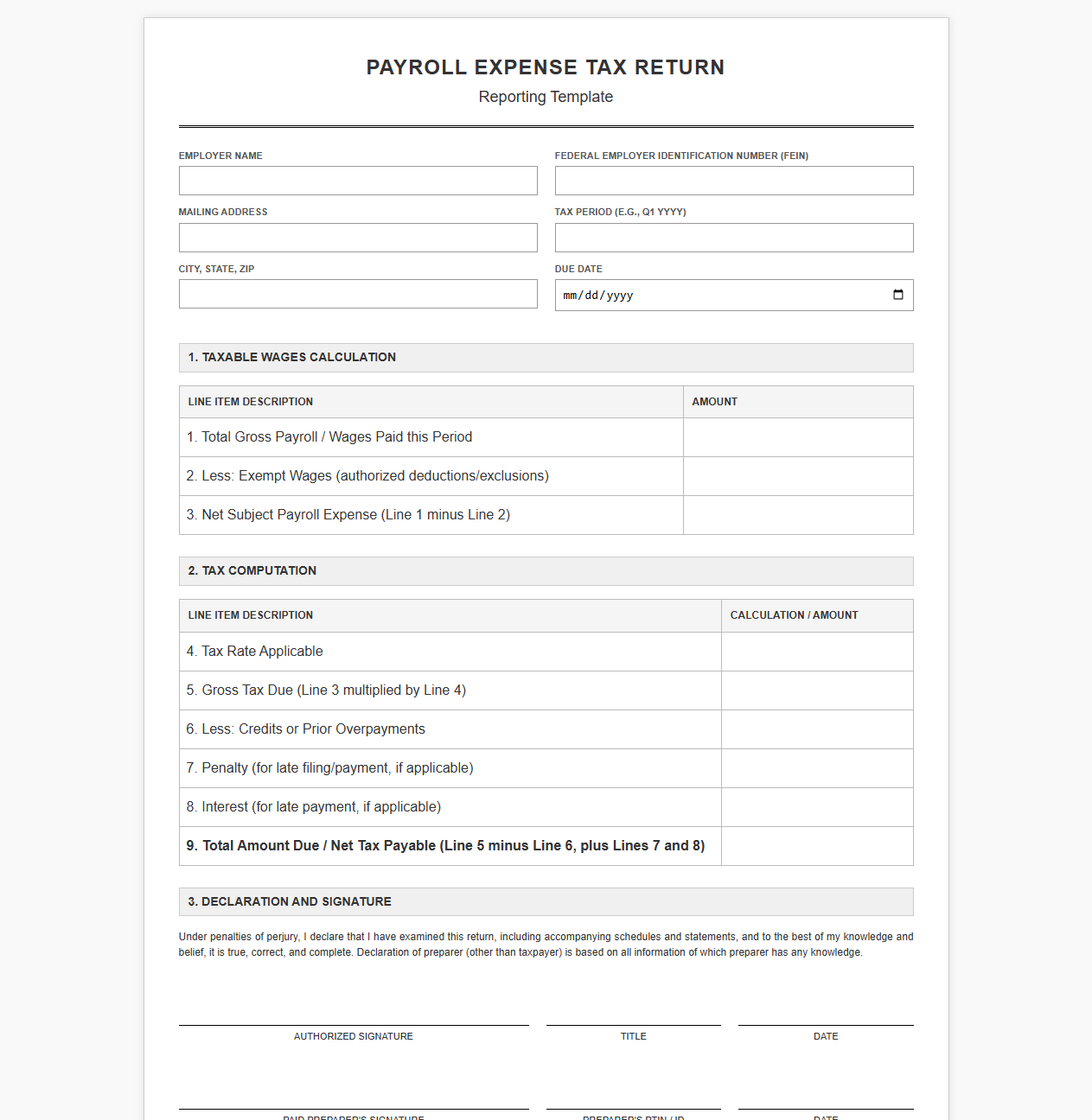 Payroll Tax Expense Return Reporting Template