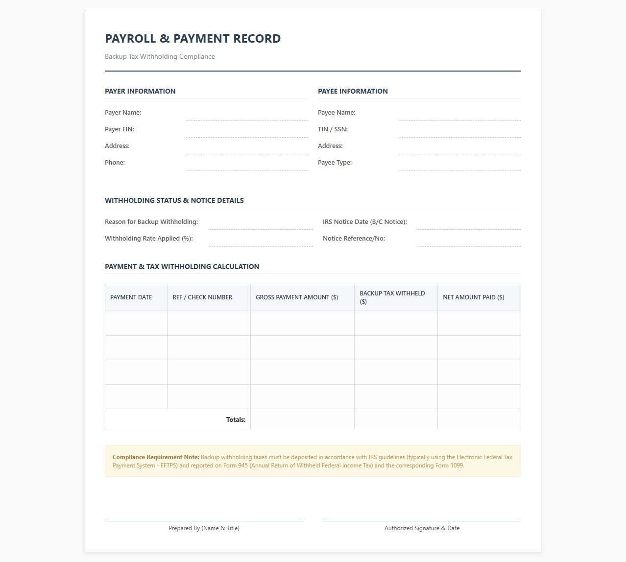 Payroll Template for Backup Tax Withholding Compliance
