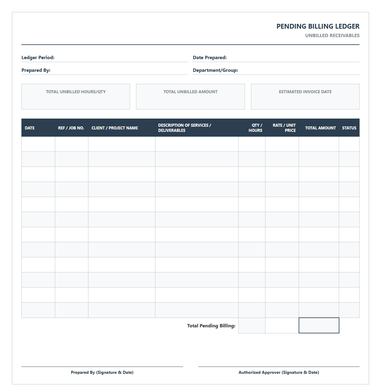 Pending Billing Ledger Template