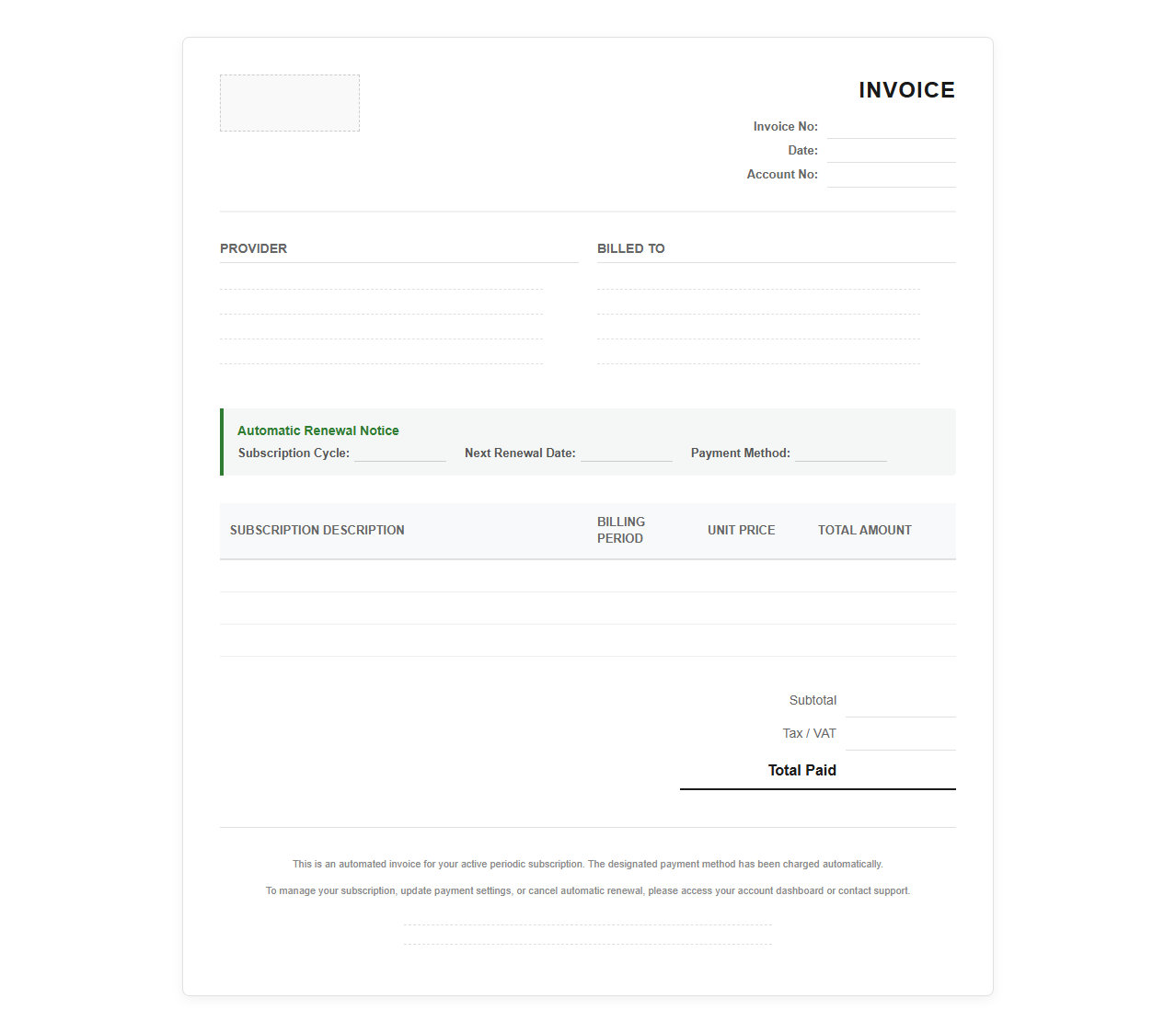 Periodic Subscriptions Auto Renewal Payment Invoice