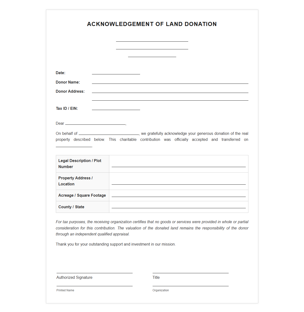 Plot of Land Donation Acknowledgement Letter