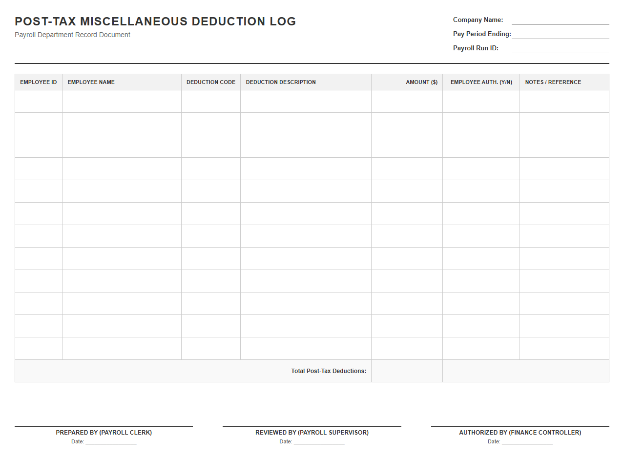 Post-Tax Miscellaneous Deduction Payroll Log