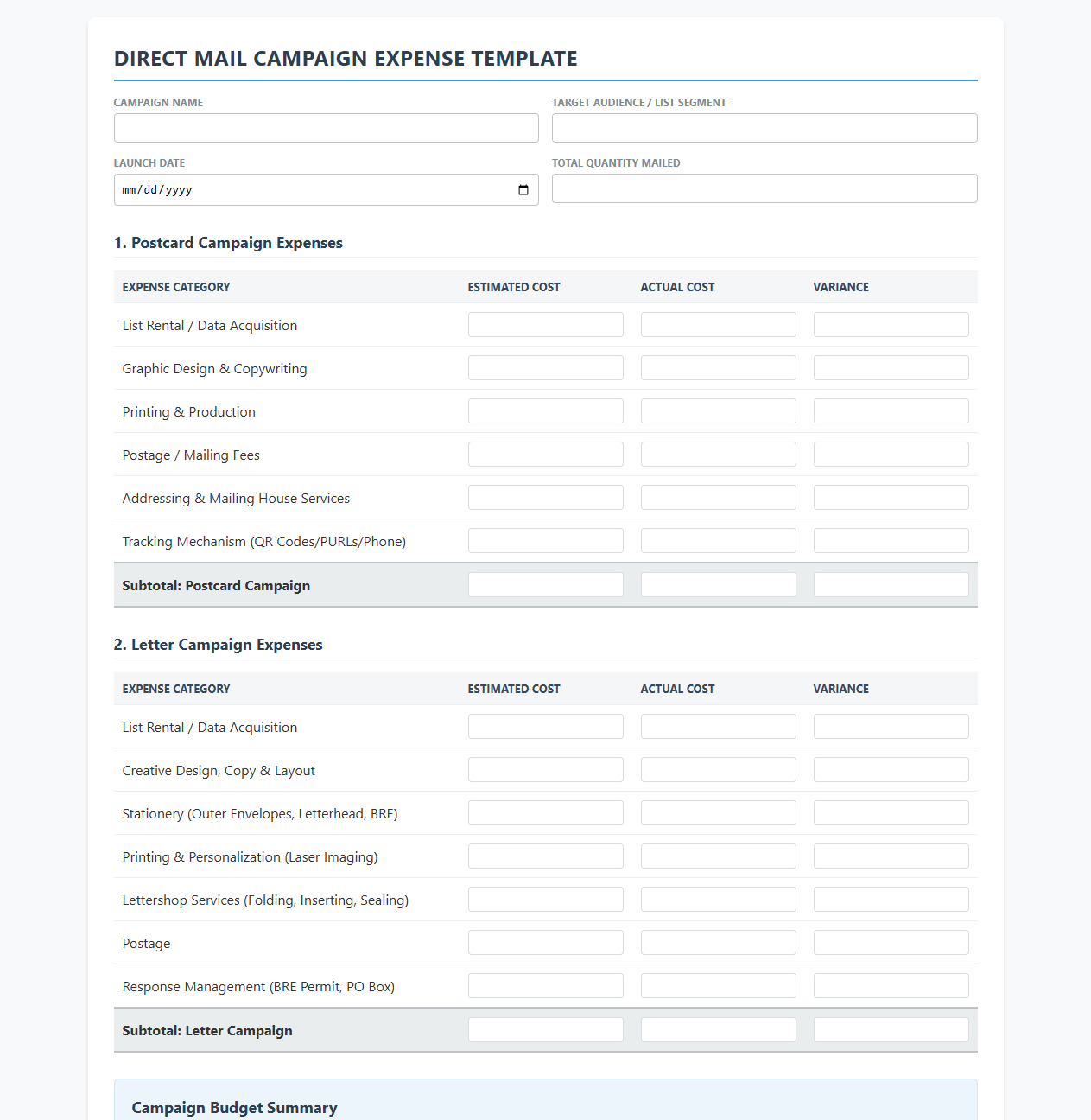 Postcard and Letter Campaign Expense Template