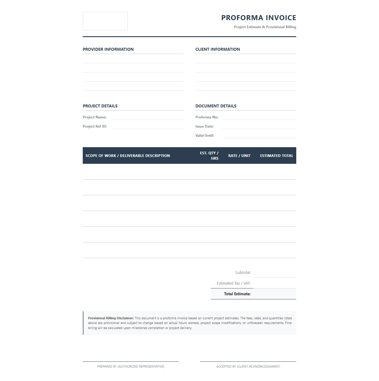 Pre-billing Proforma Invoice for Project Estimates