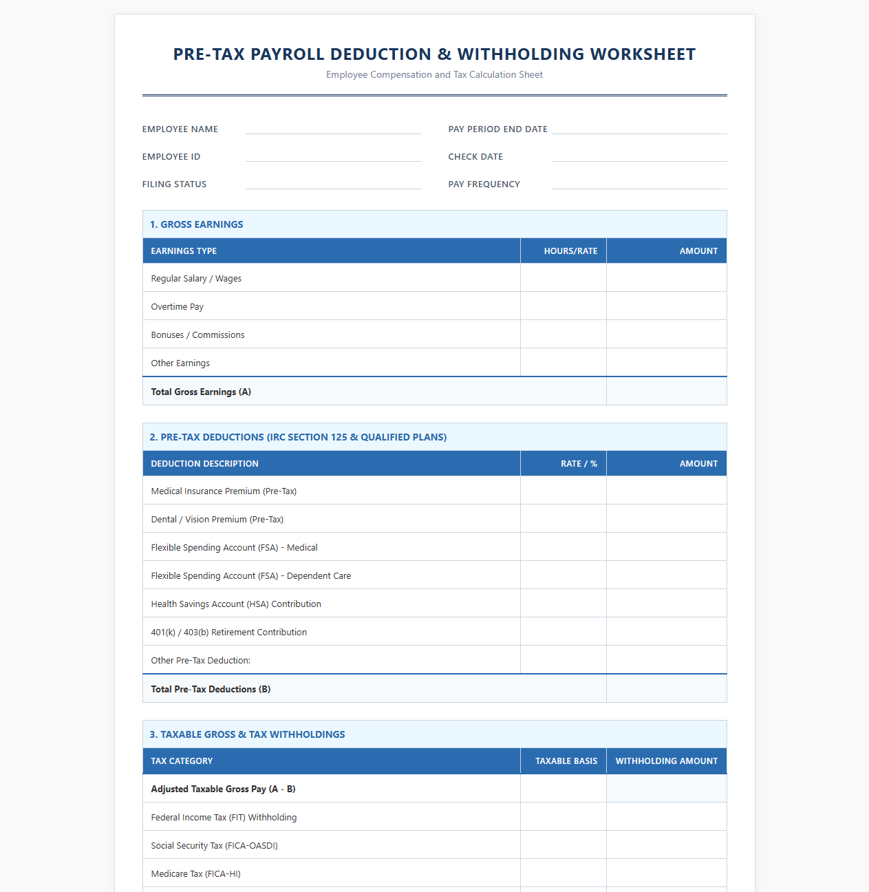 Pre-Tax Payroll Deduction and Withholding Worksheet