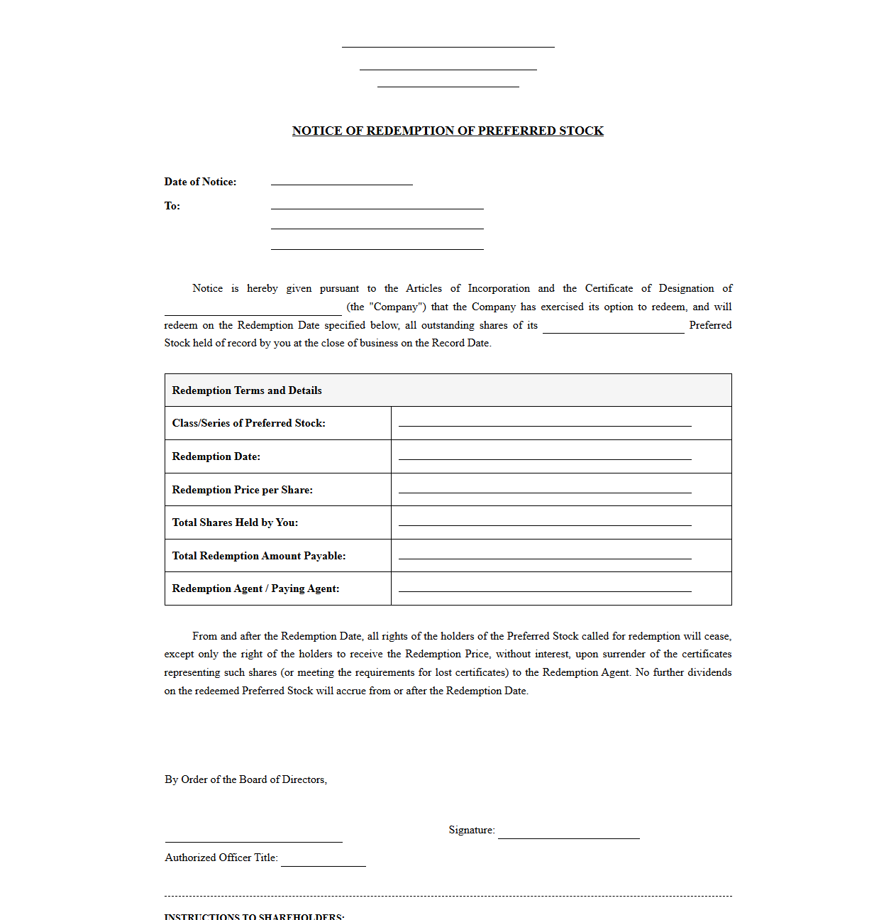 Preferred Stock Redemption Notice Statement Template