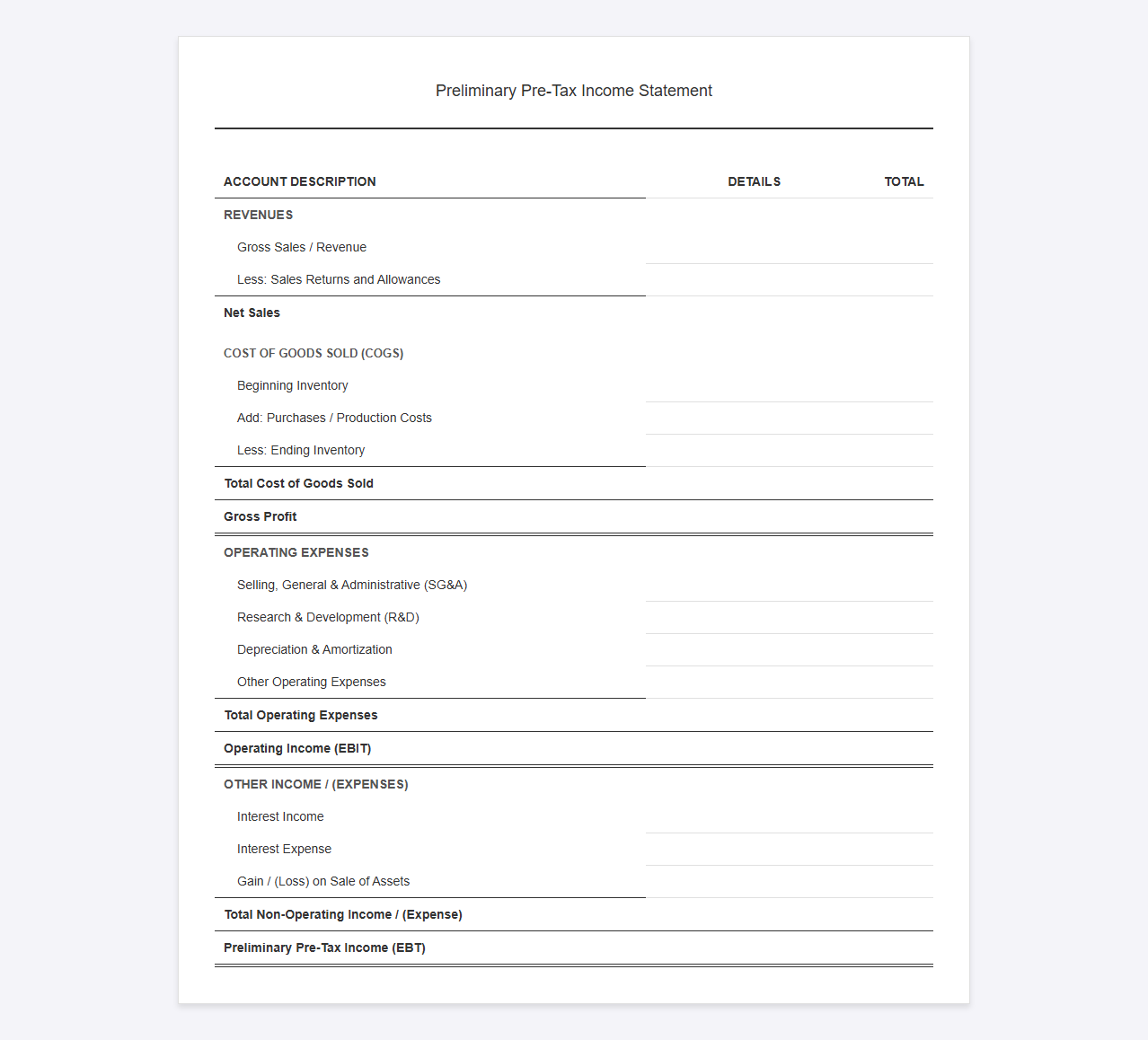 Preliminary Pre-Tax Income Statement Template