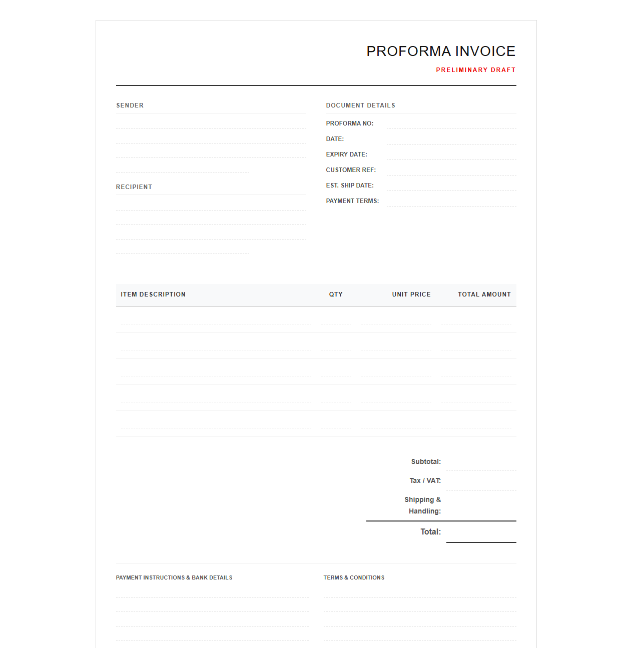 Preliminary Proforma Invoice Document