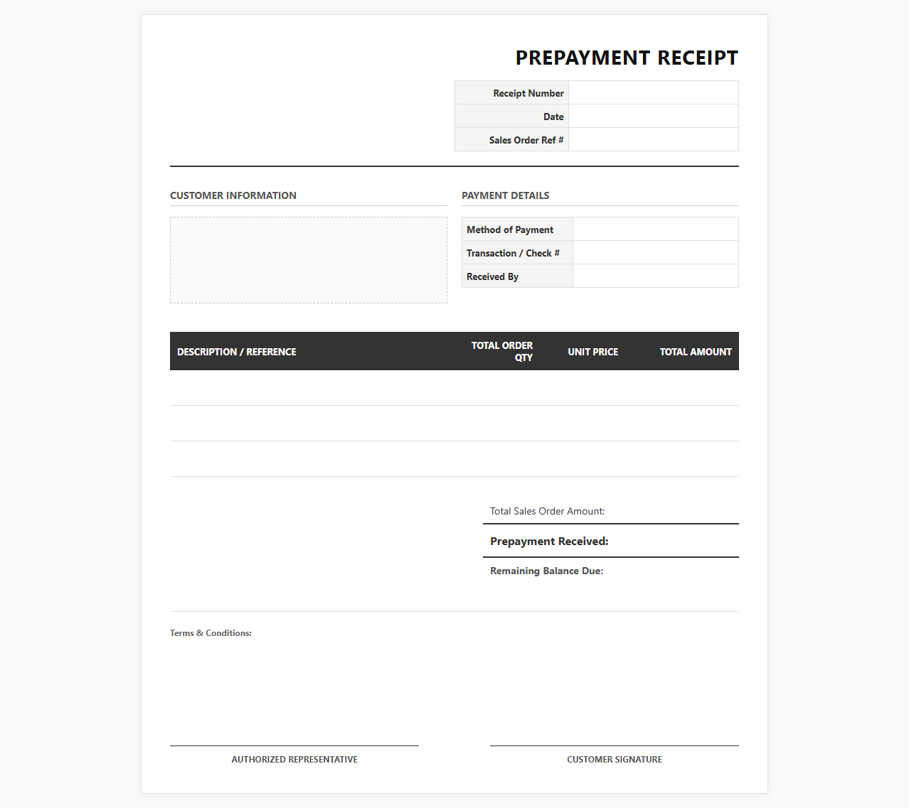 Prepayment Receipt Template for Sales Orders
