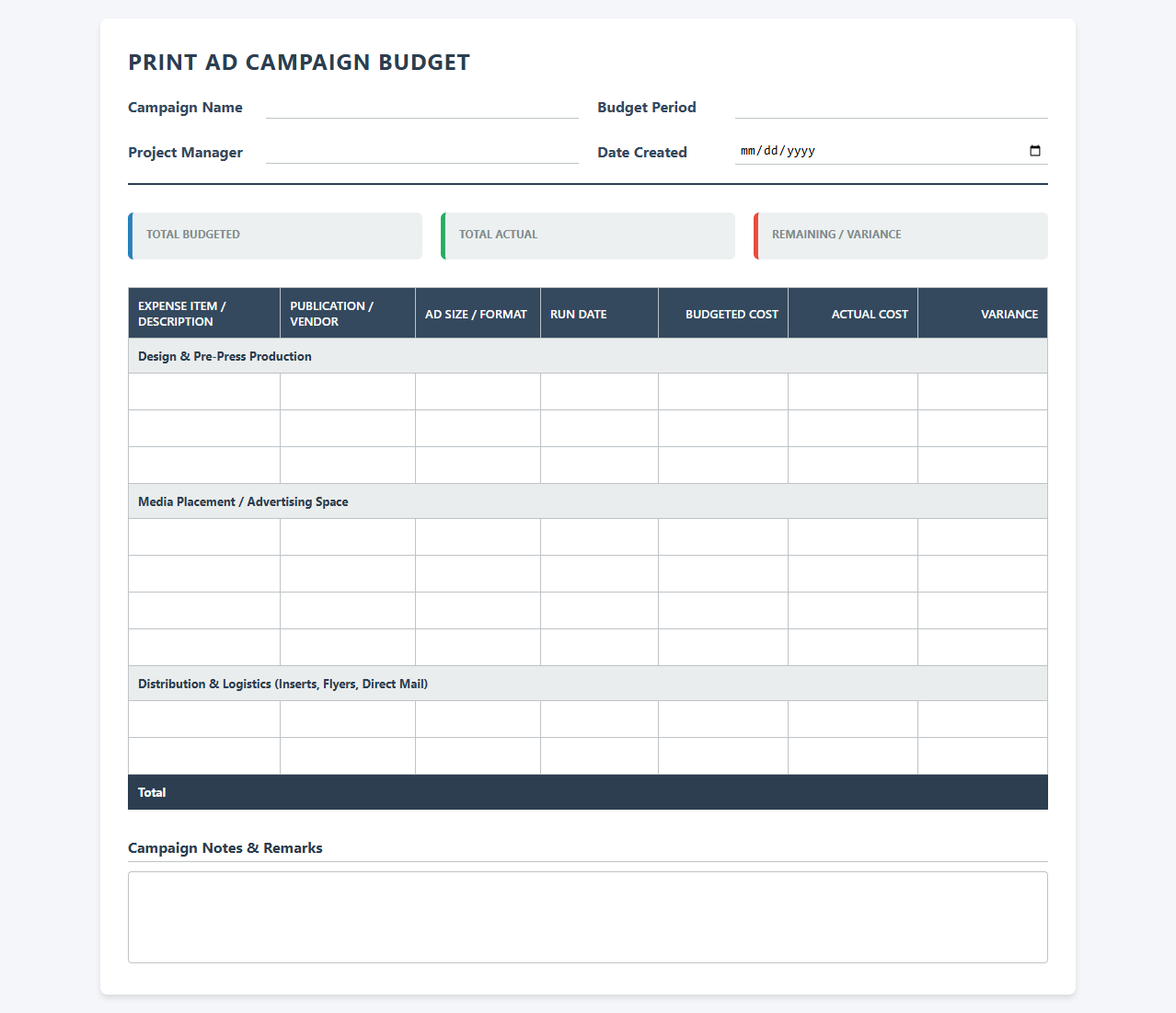 Print Ad Campaign Budget Spreadsheet