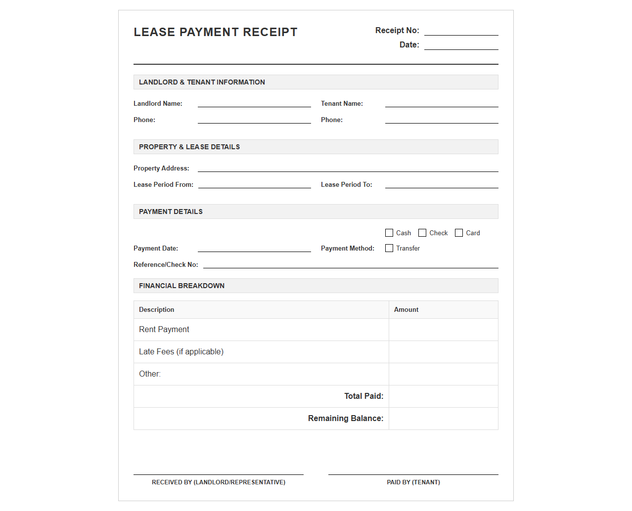 Printable Lease Payment Receipt Template