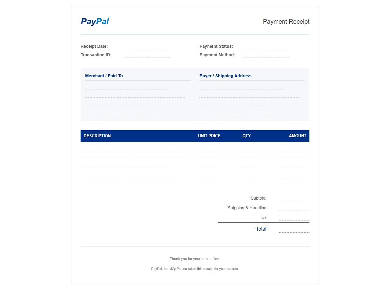 Printable PayPal Payment Receipt