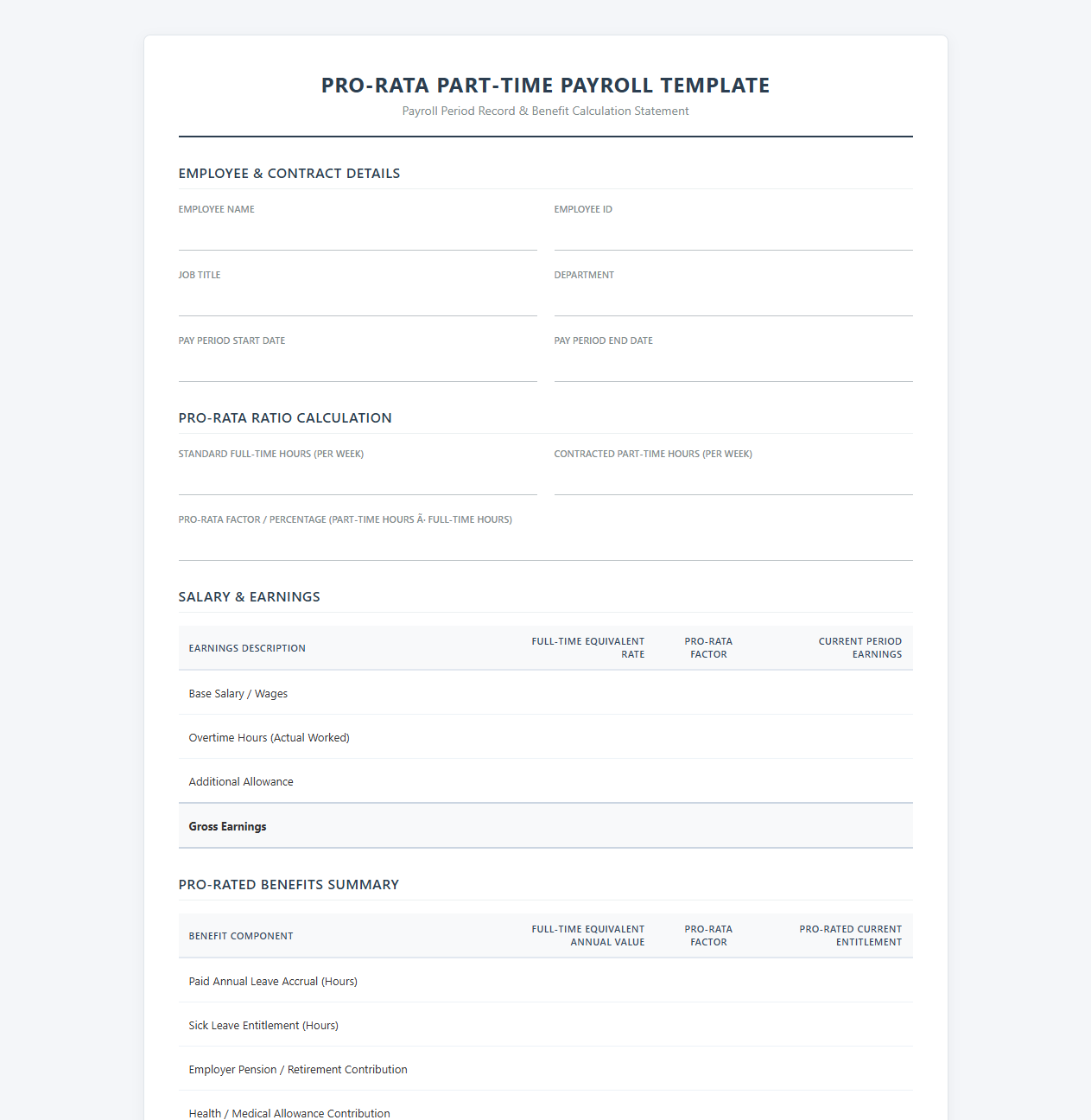 Pro-Rata Part-Time Payroll Template with Benefits