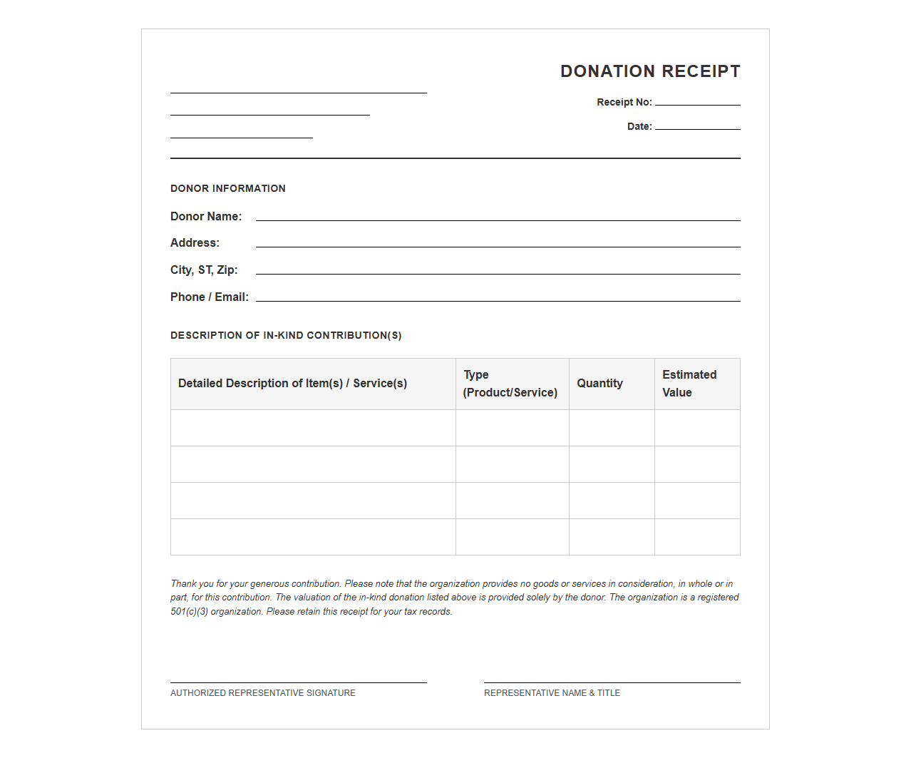 Product and Service Donation Receipt Template