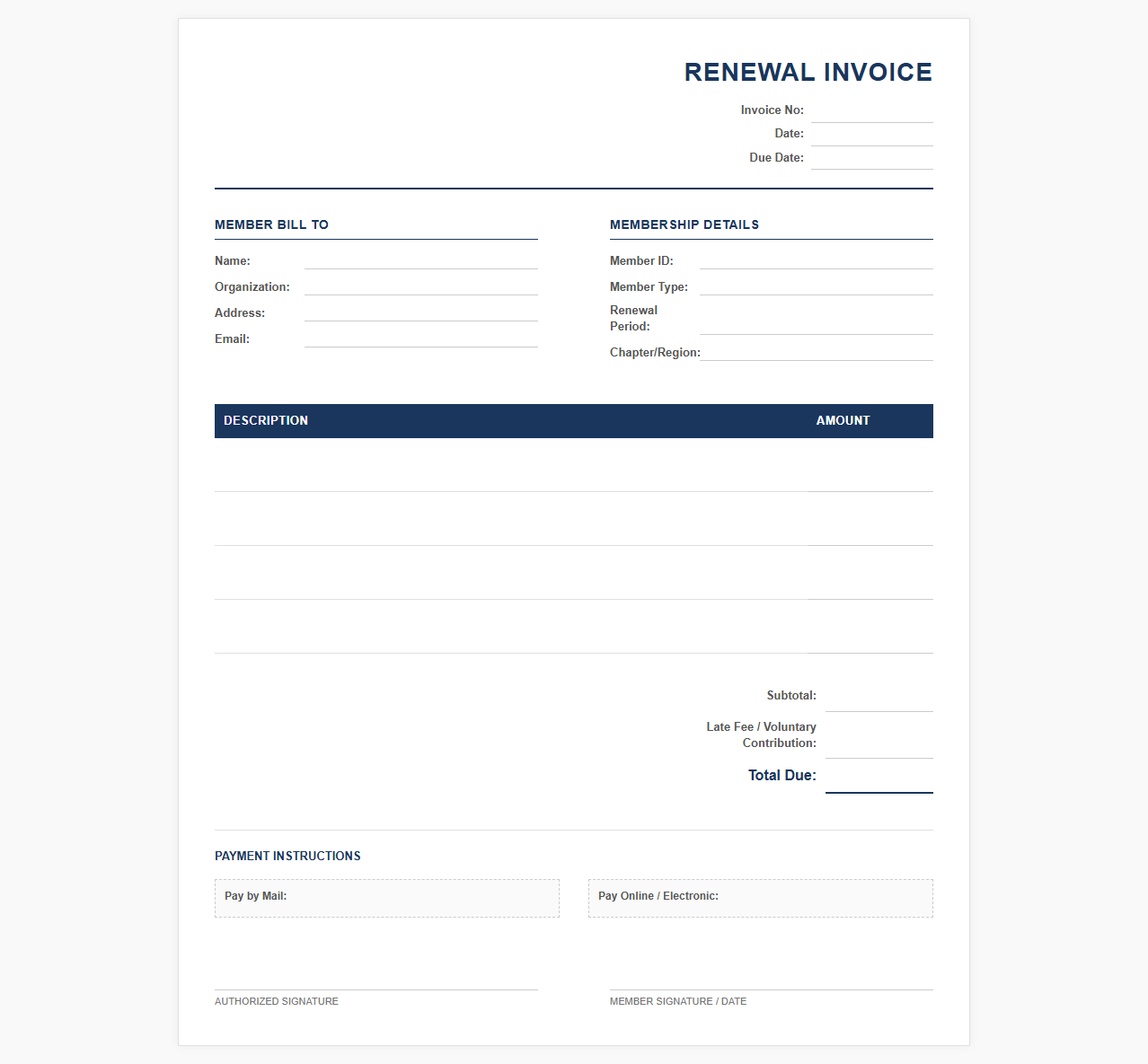 Professional Association Renewal Invoice Template