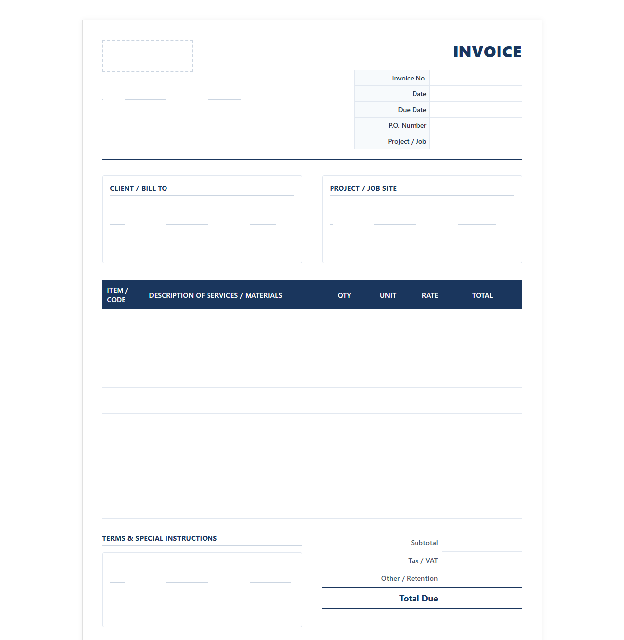Professional Commercial Contractor Invoice Layout