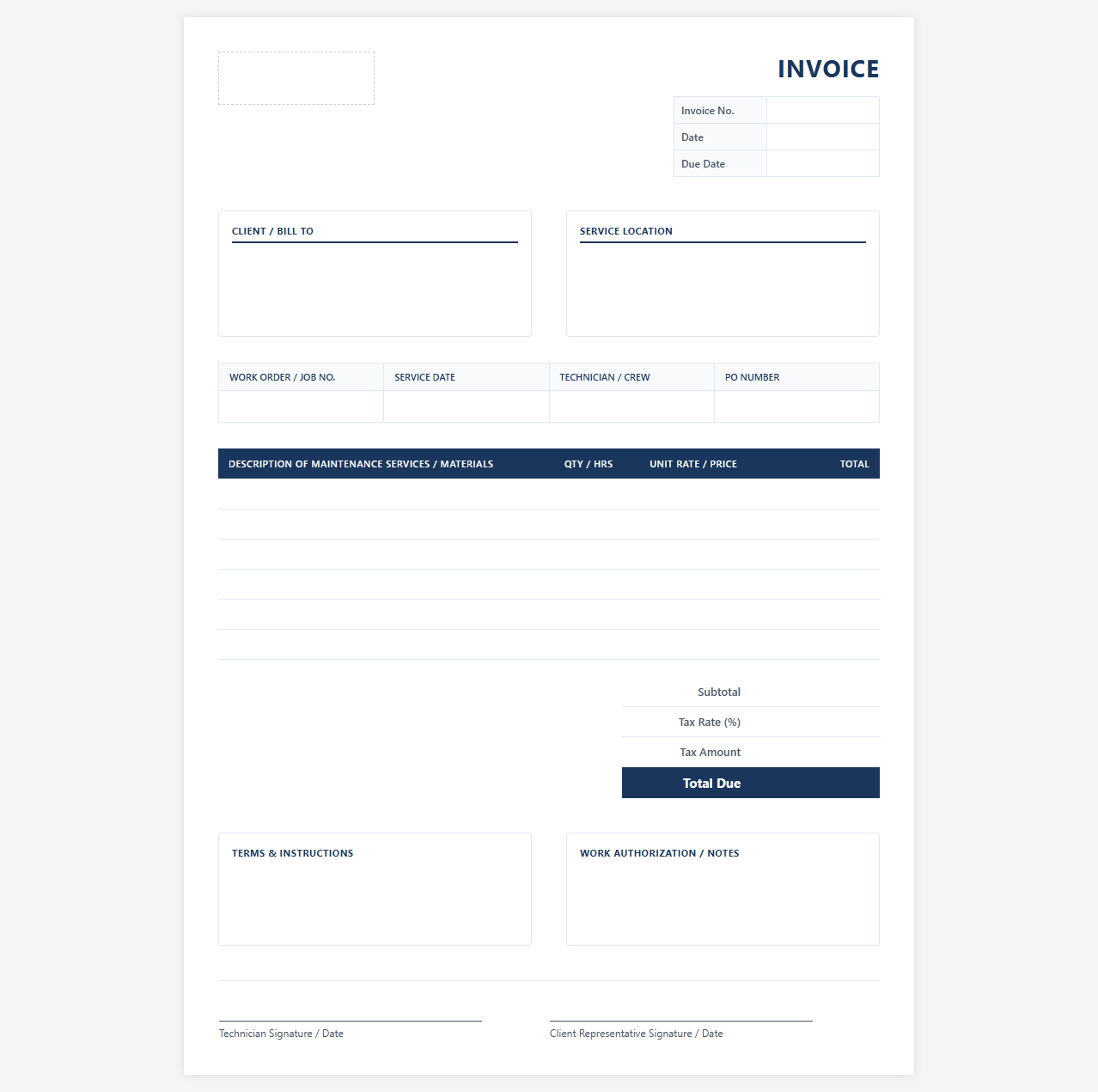 Professional Commercial Maintenance Billing Form