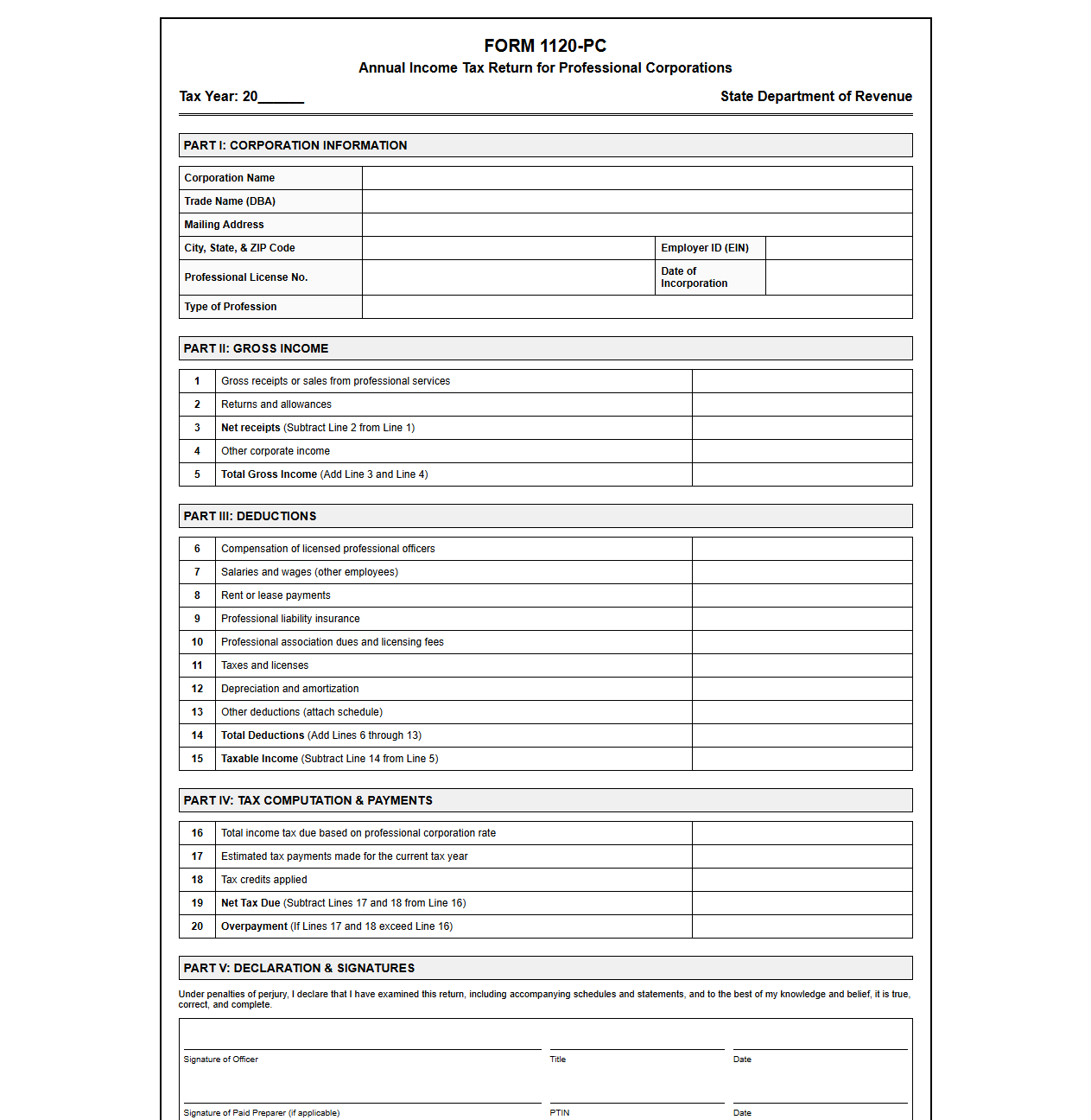 Professional Corporation Annual Tax Return Form