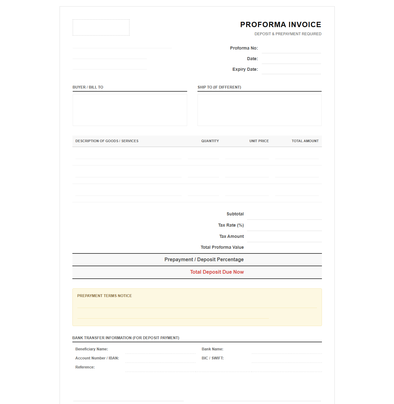 Proforma Invoice for Deposit and Prepayment