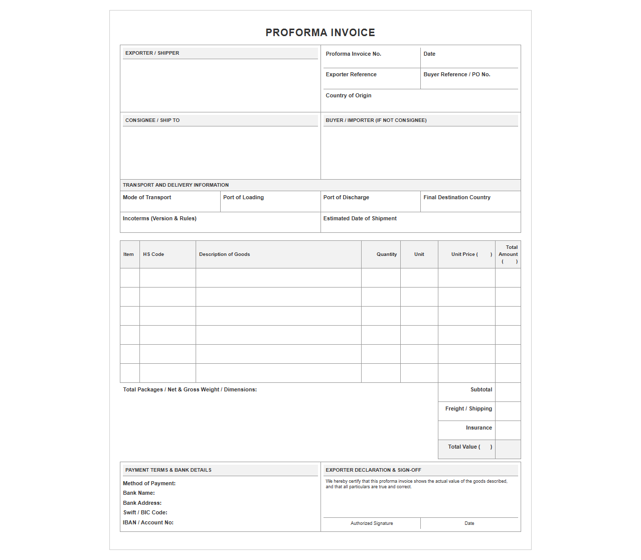 Proforma Invoice for International Trade Template
