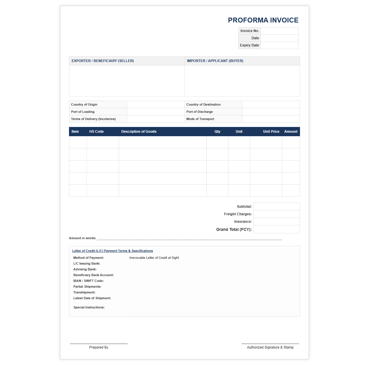 Proforma Invoice for Letter of Credit Payment