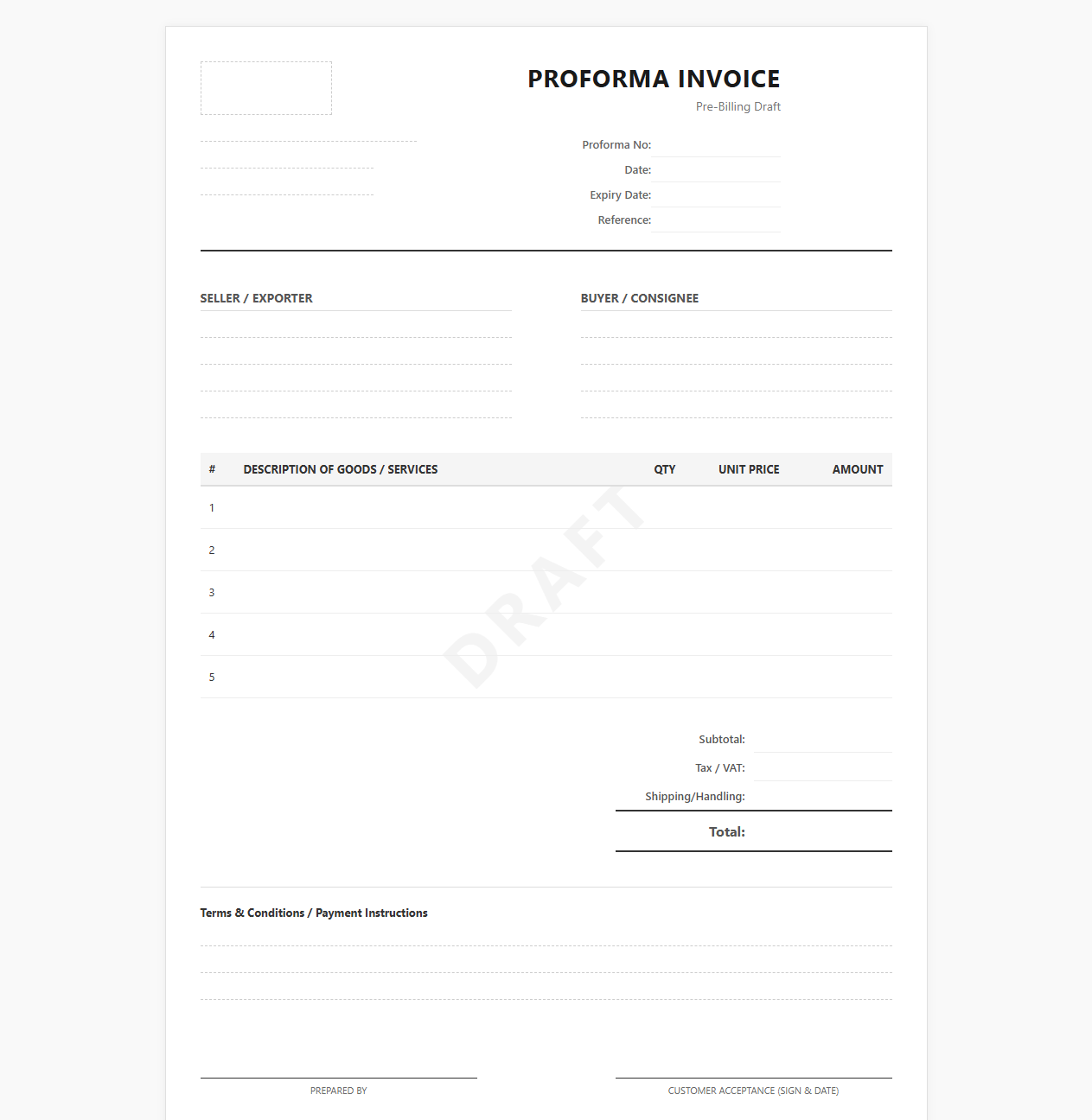 Proforma Invoice Pre-Billing Draft Template