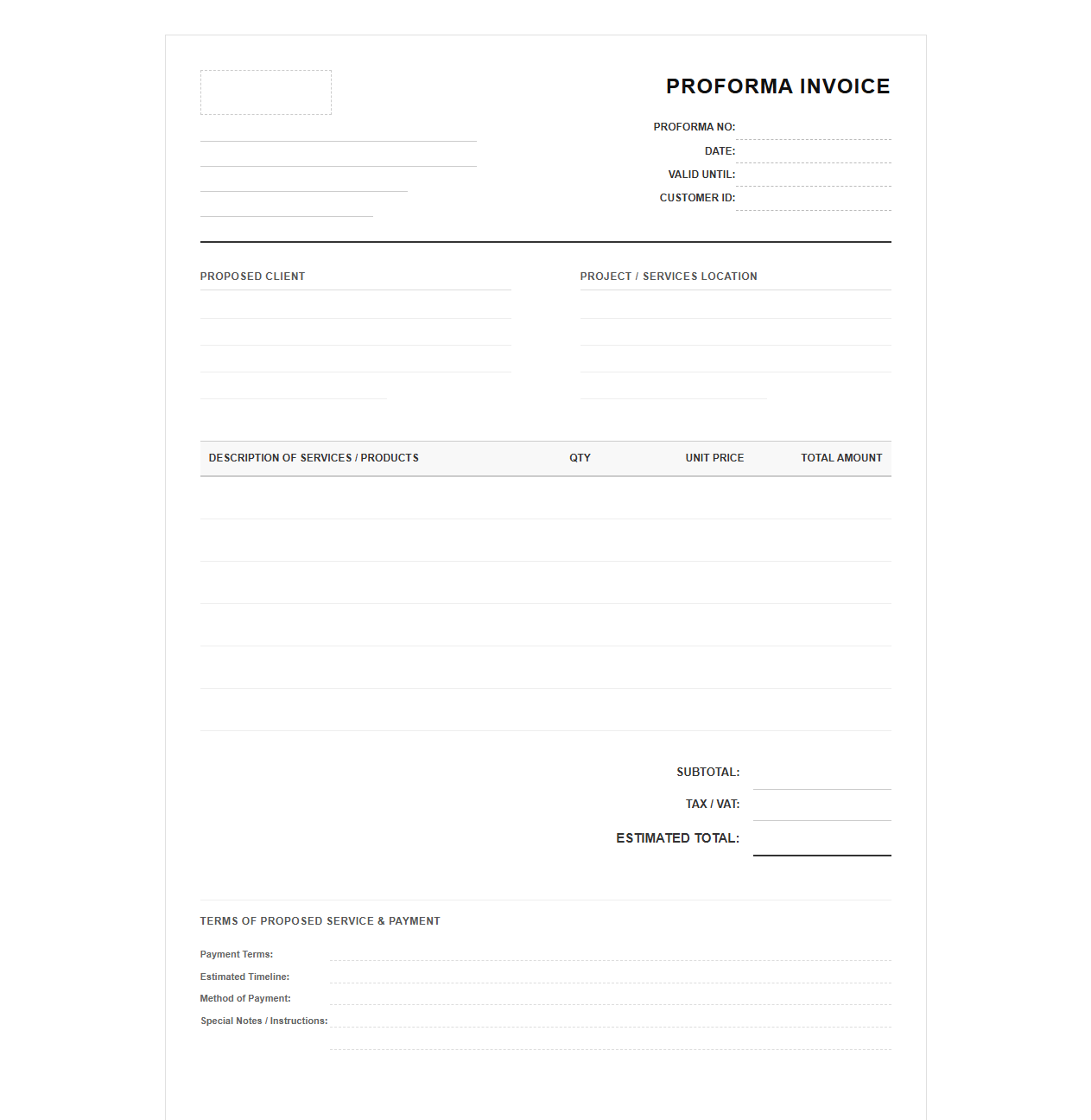 Proforma Invoice for Proposed Client Services