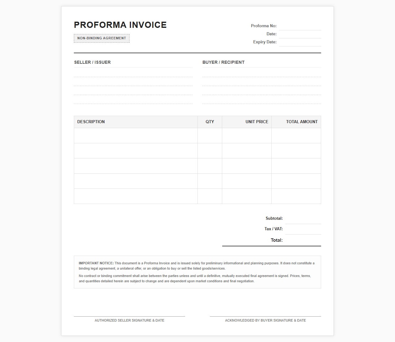 Proforma Invoice Template for Non Binding Deals