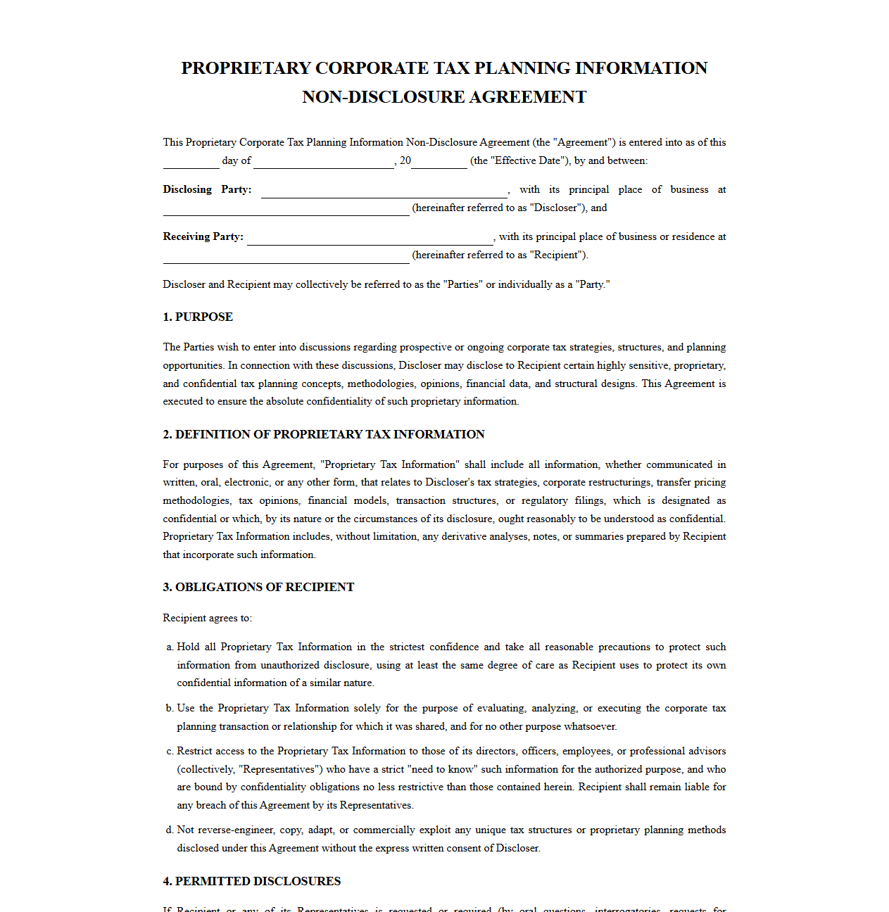 Proprietary Tax Planning Information Non-Disclosure Agreement