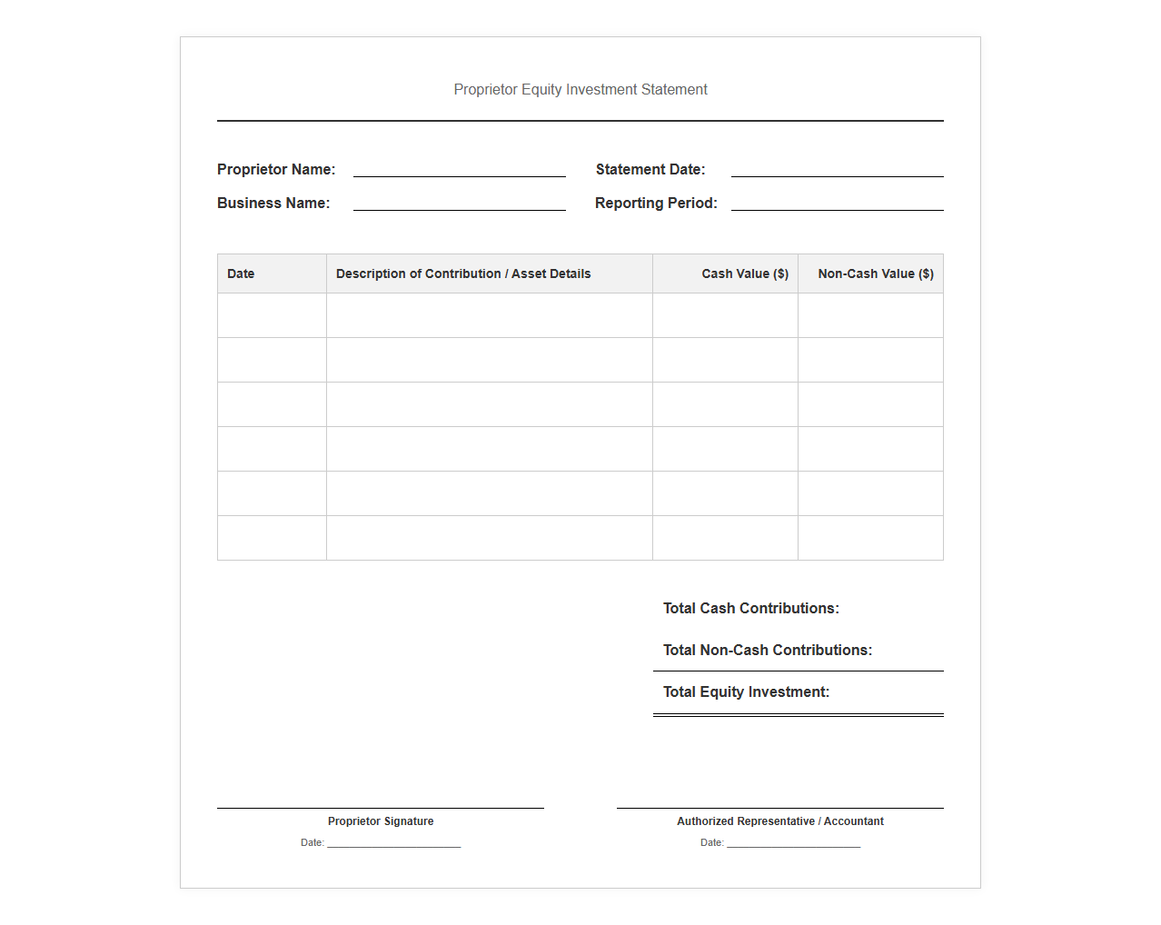 Proprietor Equity Investment Statement Template