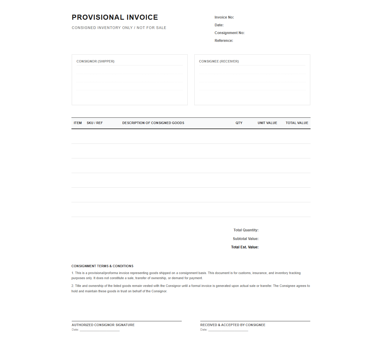 Provisional Invoice Template for Consigned Inventory