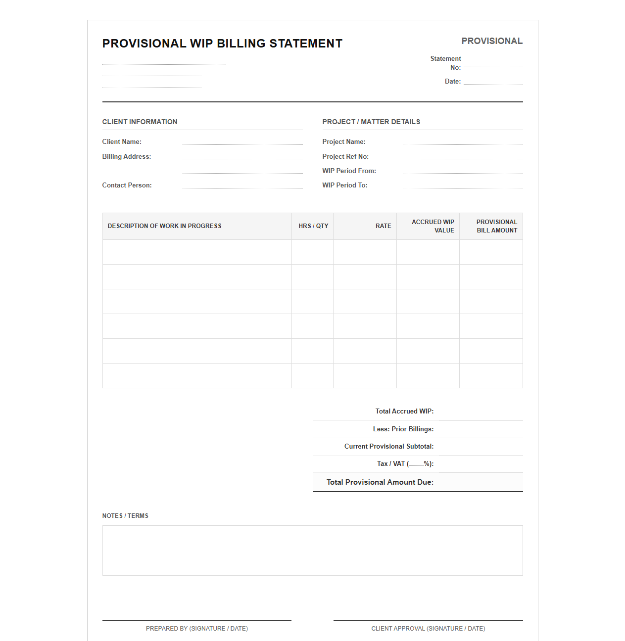 Provisional Work in Progress Billing Statement