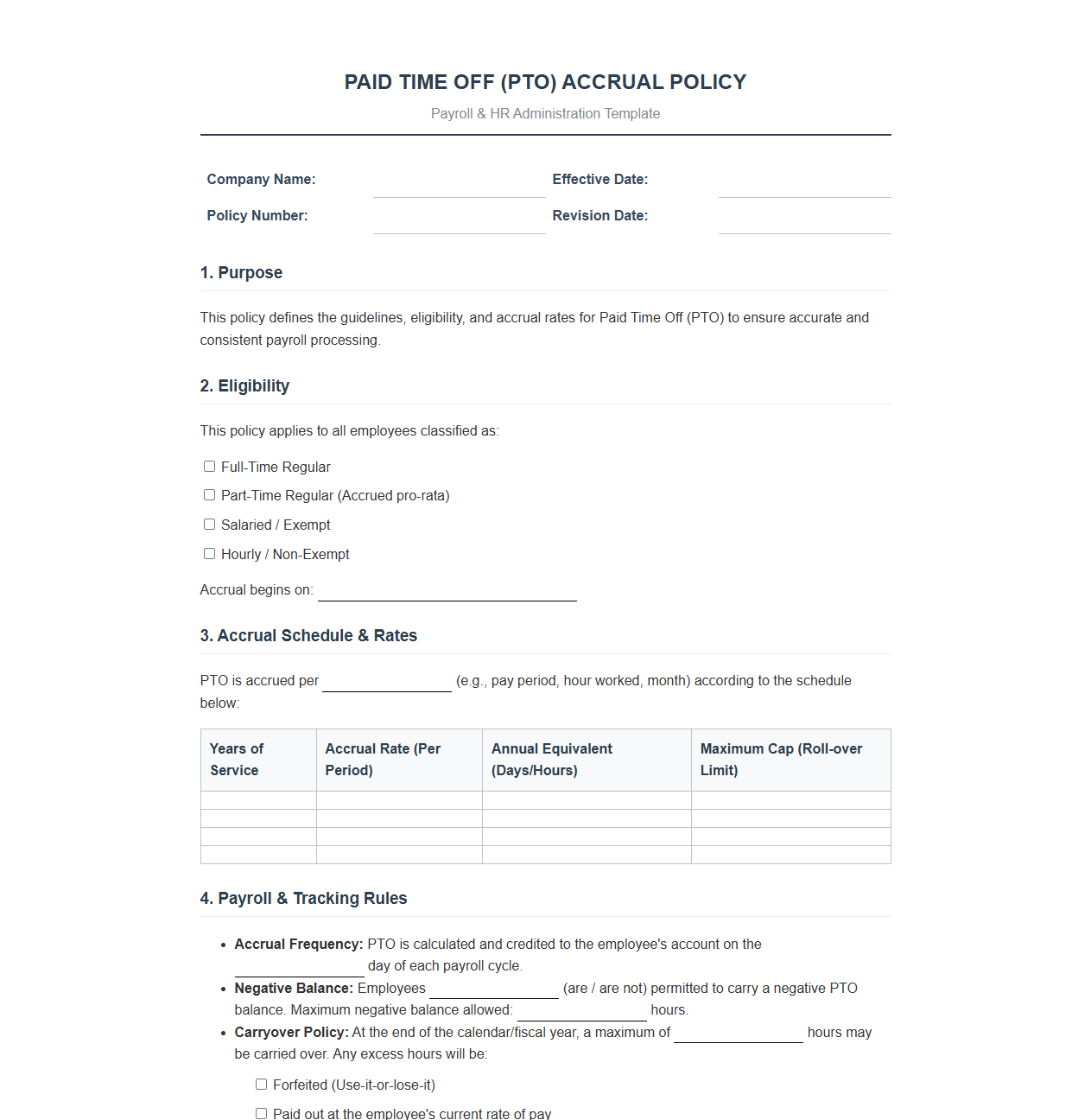 PTO Accrual Policy Template for Payroll Processing