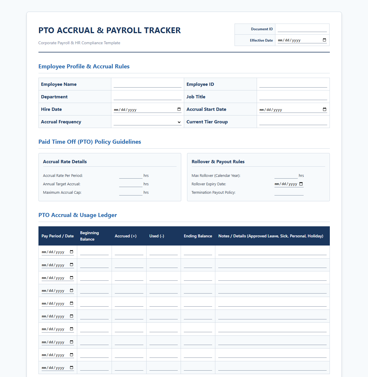 PTO Accrual Tracker and Payroll Policy Template