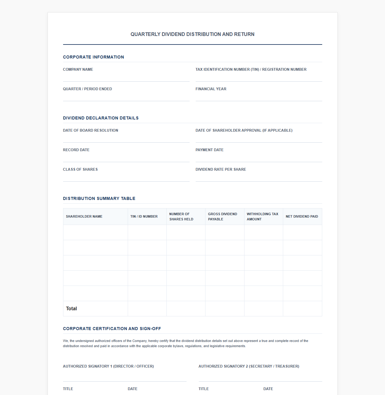 Quarterly Dividend Distribution and Return Template