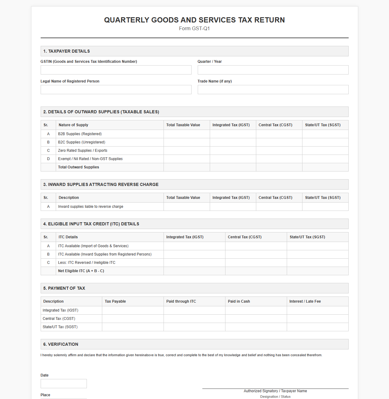 Quarterly Goods and Services Tax Return Template