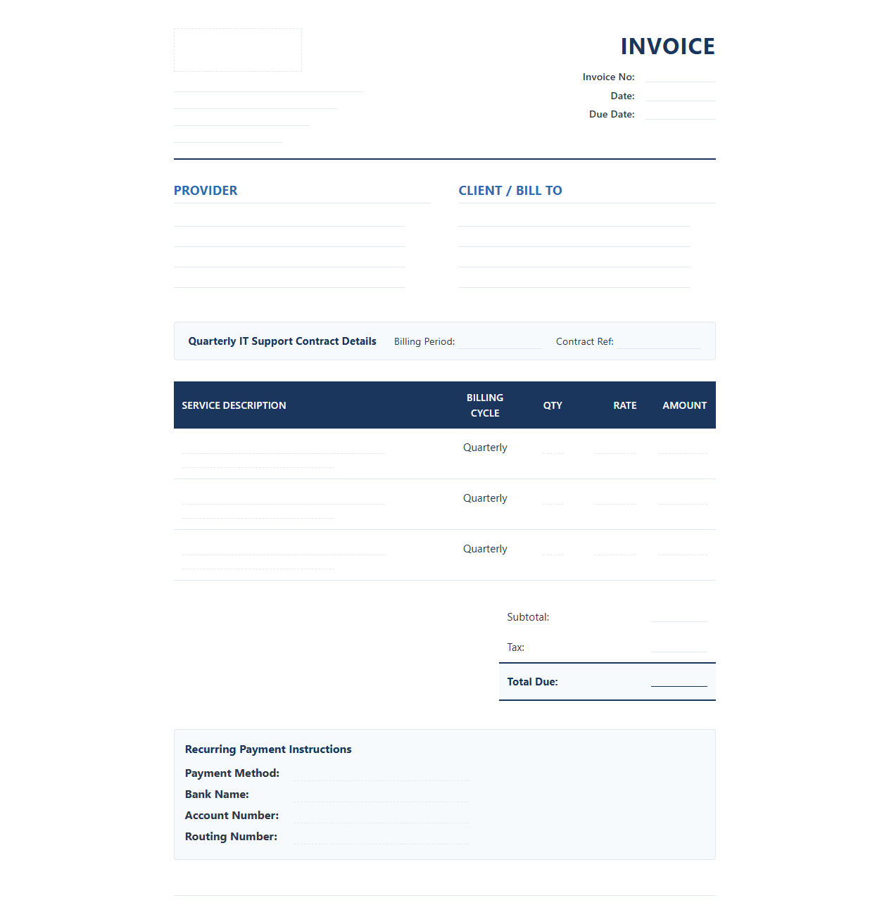 Quarterly IT Support Recurring Invoice Format