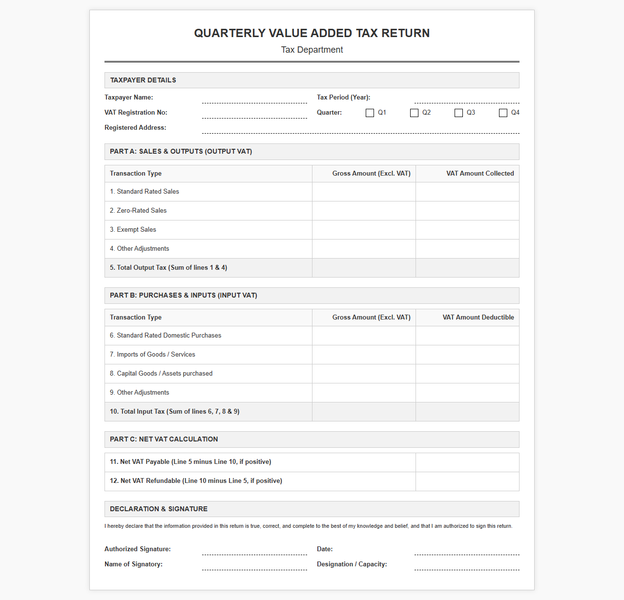 Quarterly Value Added Tax Return Template