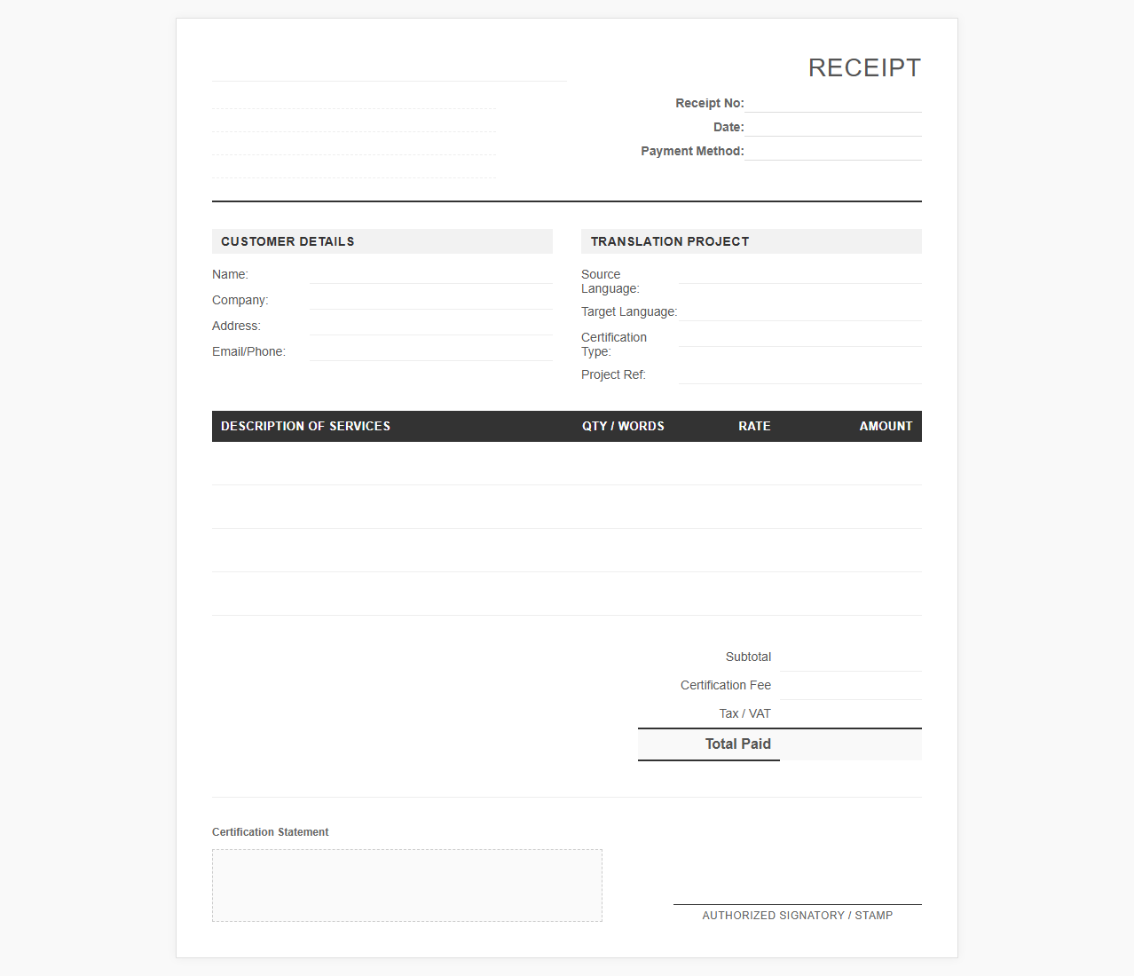 Receipt Template for Certified Translation Services