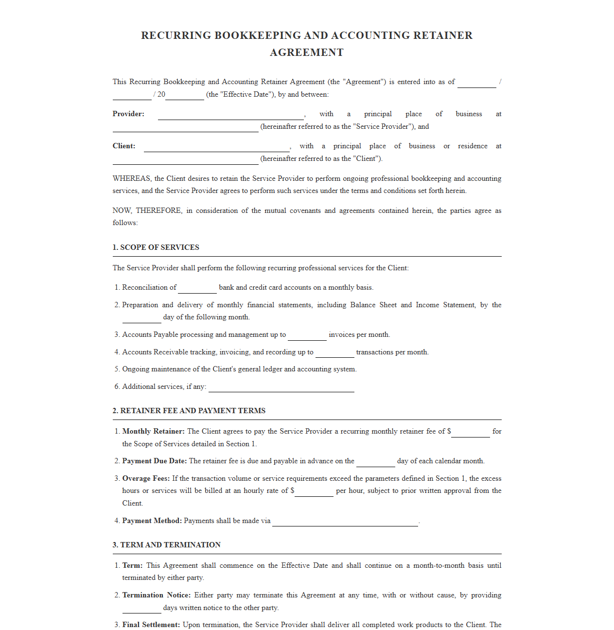 Recurring Bookkeeping and Accounting Retainer Agreement