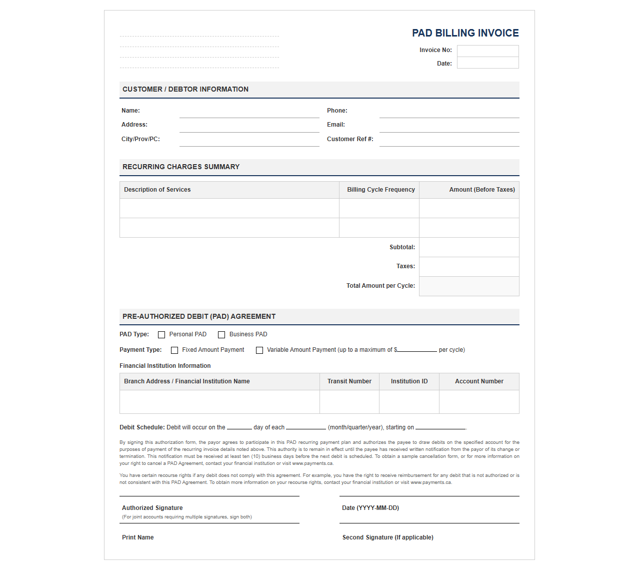 Recurring PAD Billing Invoice with Authorization Form